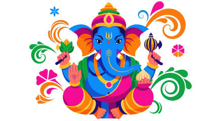 Naklejka premium Vibrant Ganesha Illustration with Floral Motifs and Traditional Symbols