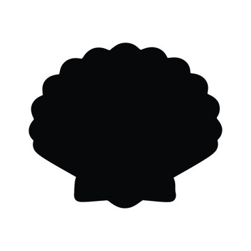 A simple black silhouette icon of a scalloped seashell isolated against a clean white background