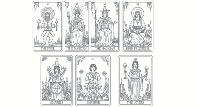 Tarot Cards Illustration: The Fool, Magician, High Priestess, Empress, Emperor, Lovers