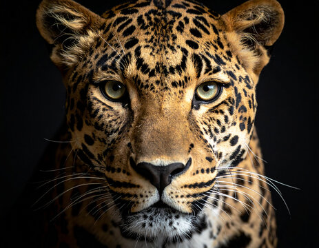Cabeza de leopardo en primer plano de frente sobre fondo negro, animal de mirada salvaje, felino ex&oacute;tico concepto de lujo, liderazgo, exclusividad, poder, branding sofisticado y moda