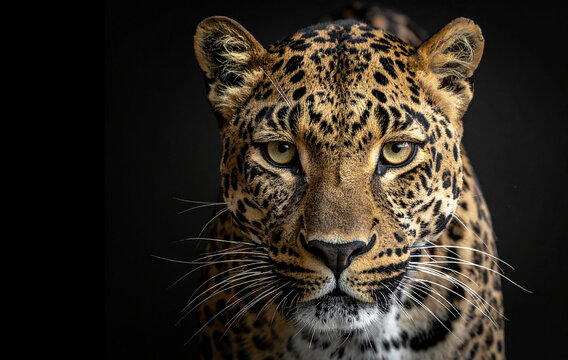 Cabeza de leopardo en primer plano de frente sobre fondo negro, animal de mirada salvaje, felino ex&oacute;tico concepto de lujo, liderazgo, exclusividad, poder, branding sofisticado y moda