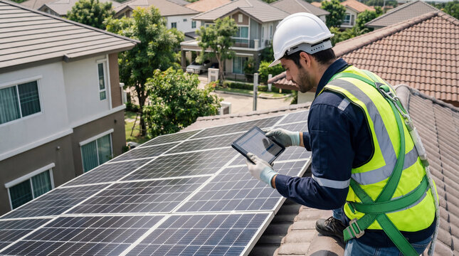 Technician Inspecting Solar Panels on Rooftop