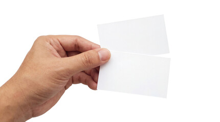 Fototapeta premium Male hand holding two blank white business cards mockup for corporate identity and branding, Isolated on Transparent Background, png.