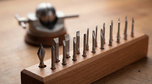 Hand engraving burins and gravers in wooden holder