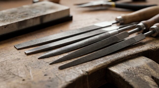 Precision jeweler needle files on wooden workbench