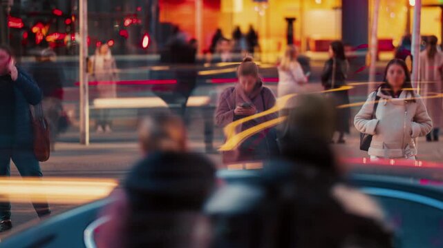 Time-lapse unrecognizable people crowd crossing city street, busy crossroad intersection, blurry pedestrians walking crosswalk in evening. Rush hour many people walk, blurred fast motion at night