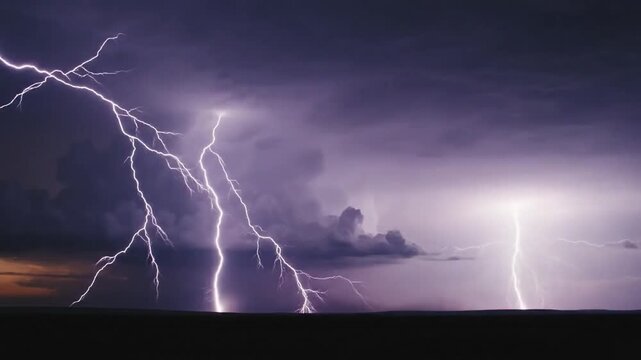 Powerful Electrical Storm Casts Vibrant Light Over Vast Open Landscapes. Dramatic Weather Event With Towering Clouds And Striking Lightning Over Expansive Plains For Cinematic Display