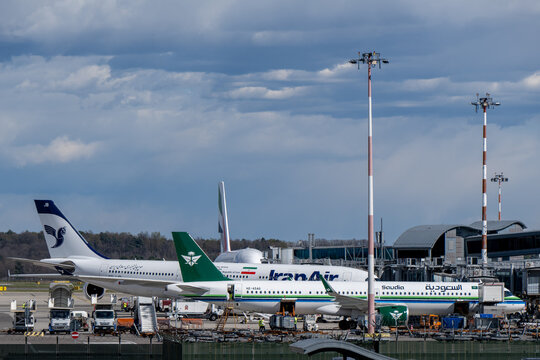 Somma Lombardo, Italy 24 Mar 23: International airliners at Milan Malpensa Airport terminal area