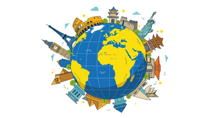 Global Landmarks Montage Around a Cartoon Earth Globe Illustration © gan