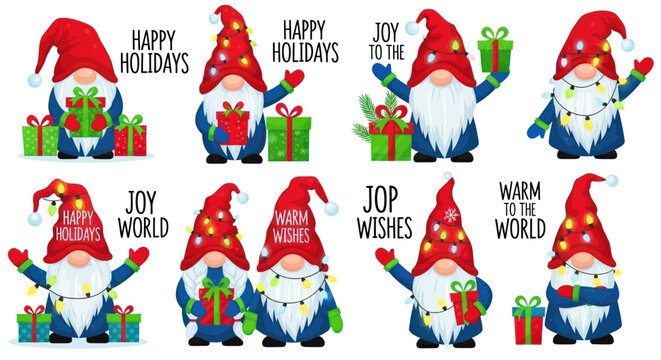 Christmas Gnomes with Gifts and Lights, Festive Holiday Characters