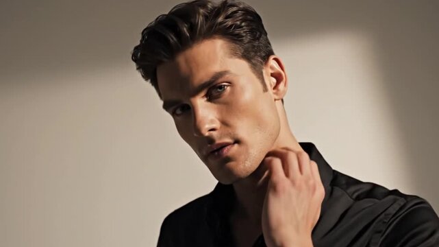Stylish young man running his hand through his dark, voluminous hair, confidently looking directly at the camera in a studio, video clip.