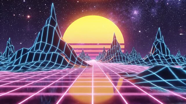 80s-inspired digital landscape grid path leads to sun against a starry sky and wired mountains