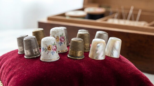 Vintage thimbles in silver brass and porcelain on velvet cushion