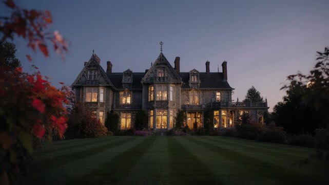 Elegant mansion estate illuminated at dusk under twilight sky