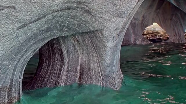 Gaze upon the stunning natural architecture of Marble Caves in Patagonia. Turquoise waters gently lap against smooth, sculpted rock formations, revealing ancient beauty.
