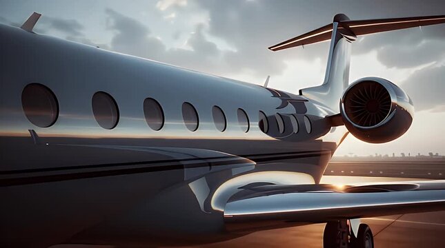 Luxurious private jet gleaming on the airport tarmac at golden hour, ready for exclusive executive business travel or a privileged leisure journey.