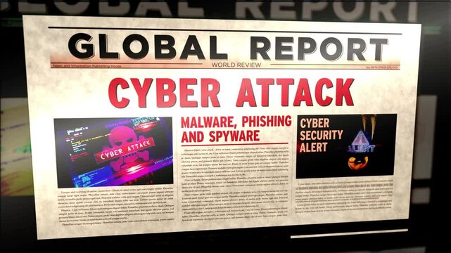 Cyber attack breaking news. Digital warfare and hybrid war title headline newspaper. Information media print glitch 3d animation.