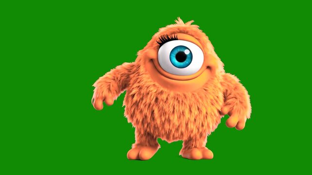 A cute, fluffy orange monster with a single large eye standing on a chroma key background. This 3D character is designed for easy integration into children's movies, mobile games, or interactive apps.