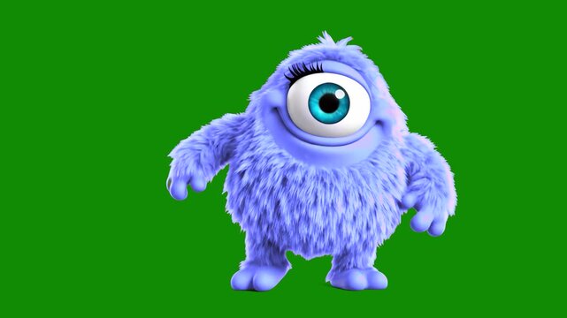 A friendly and fuzzy purple monster character with a large single eye and long eyelashes. This 3D mascot is isolated on a chroma key green screen, designed for children's entertainment, games, or educ