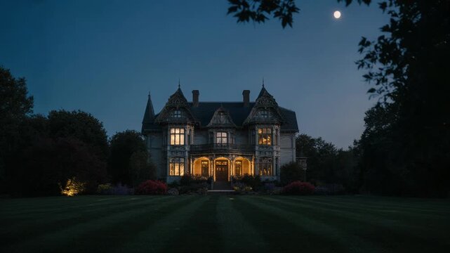 Illuminated mansion at night with a full moon in the sky, creating a captivating and serene atmosphere.