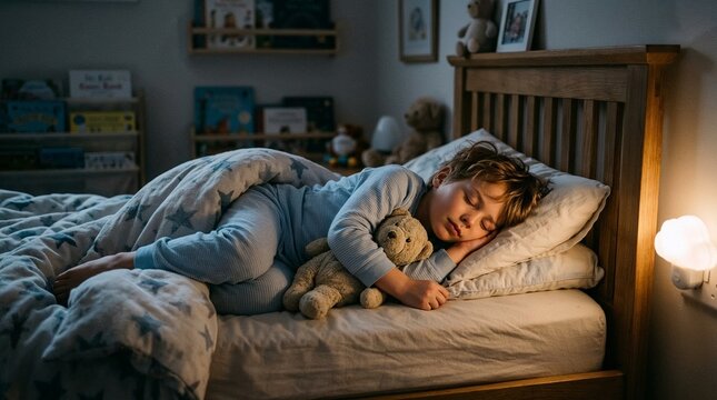 Young boy sleeping peacefully in bed with teddy bear at night  