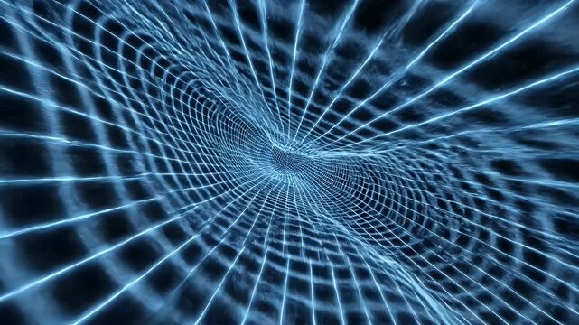 A glowing, grid-like plane surges towards a bright point amid a dark, streaked cosmos