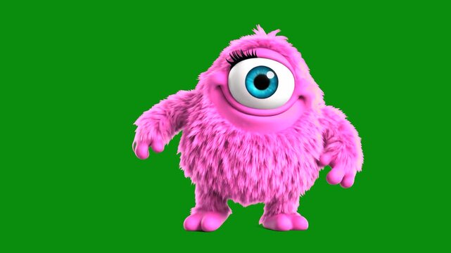 A friendly 3D animated pink furry monster with a single large blue eye dancing joyfully. This playful creature mascot is isolated on a green screen for kids' entertainment and Halloween.