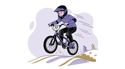 Naklejka premium Dynamic BMX Rider Jumps Over Dirt Mound During Race, Wearing Helmet and Protective Gear on a Thrilling Competition Track.