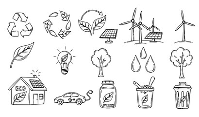 Fototapeta premium Eco Friendly Living Doodle Icon Set with Green Energy and Nature Symbols