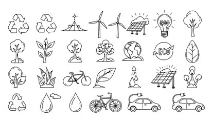 Fototapeta premium Sustainability and Green Energy Hand Drawn Icon Collection Doodle Style