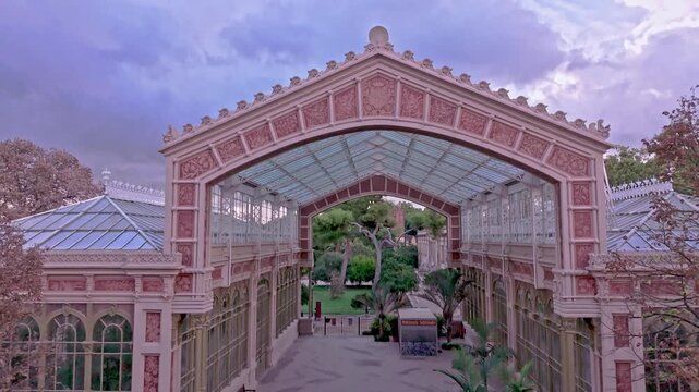 Aerial drone flying over umbracle greenhouse in barcelona