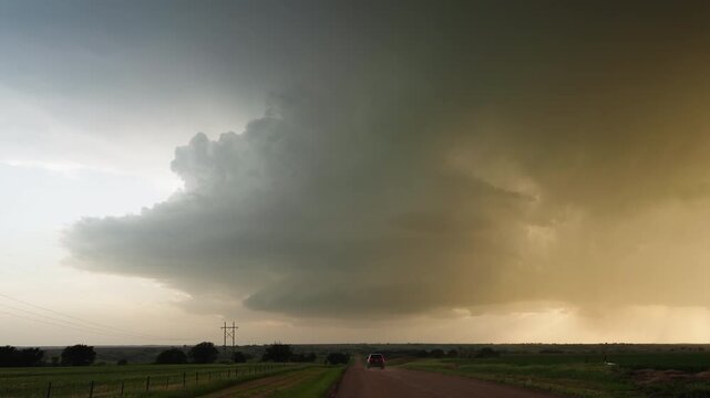 Rotating Supercell Storm Structure with Wall Cloud and Storm Chasing View