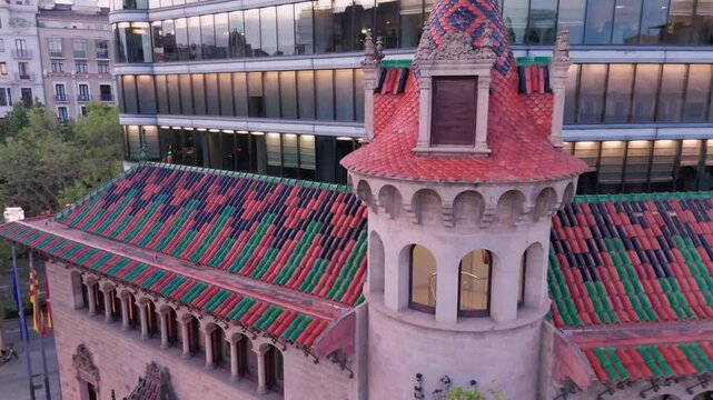 Aerial drone view of casa de les punxes in barcelona spain