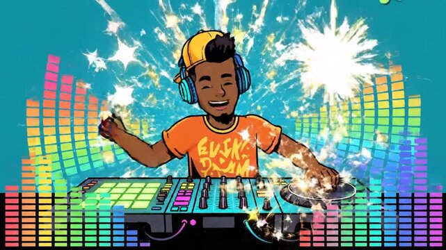 Excited DJ using a mixer in an animated cartoon style with colorful equalizer bars and sparkling lights, perfect for music events and entertainment
