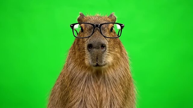 A Capybara Wearing Glasses on a Green Screen Background.