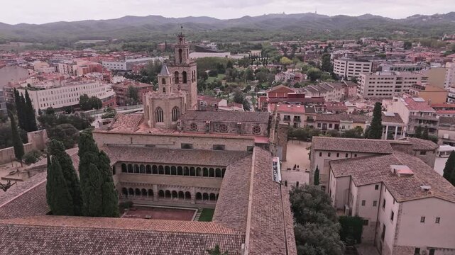 Aerial drone flying over san cugat del valles monastery in spain
