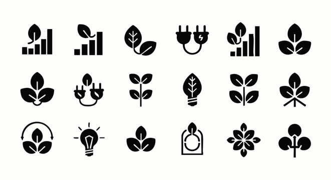 Eco-friendly icons set: leaves, light bulb, power plug, growth chart, sustainable energy symbols