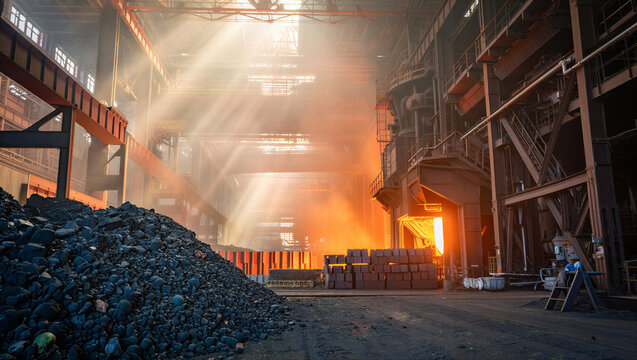 Interior of an iron and steel factory with molten metal glow, slag pile, furnace heat, crane hook, and industrial steam conveying heavy production