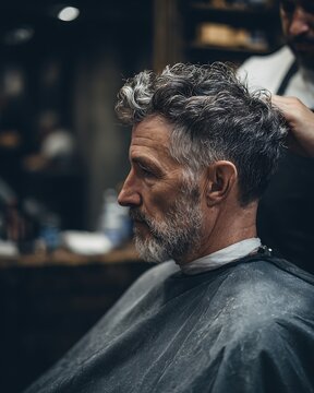 An elderly gentleman with a distinguished grey beard receiving a haircut in a barber shop. The atmosphere is intimate and focused