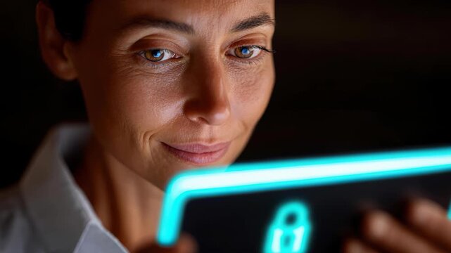 Secure Device Interaction: A focused woman intently interacts with a sleek digital device, the interface displaying a glowing lock icon, symbolizing data protection and secure access. 
