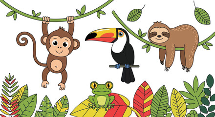 Fototapeta premium Cute Jungle Animals: Monkey, Toucan, Sloth, and Frog Cartoon Illustration
