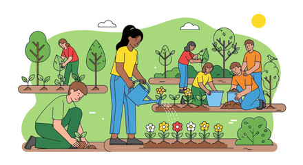Fototapeta premium Diverse Group Tending Community Garden, Planting, Watering, Smiling