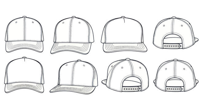 Baseball Cap Mockup Templates: Front, Side, Back Views - Hand Drawn Sketch