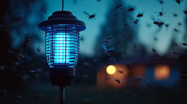 Bug zapper glowing at dusk with flying insects, pest control concept