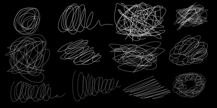 Messy white scribbles and chalk spirals on black background. Hand drawn abstract chaotic lines set. Vector pencil sketch textures. Chaotic doodle elements.