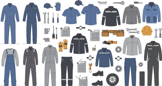 Professional mechanic workwear collection with industrial overalls safety jackets tools and repair equipment icons isolated on white background flat vecto
