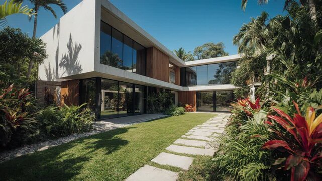 Modern residence with manicured garden and lush vegetation against the clear blue sky. A pathway leads to the architectural masterpiece, showcasing contemporary design 