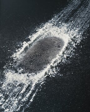 A detailed fingerprint dusted with powder, revealing intricate ridge patterns on a black surface. A symbol of forensic science