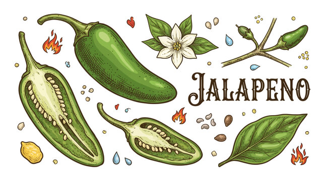 Close-up illustration of fresh green jalapeno pepper, sliced slices revealing seeds and leaf, vibrant food art on white backdrop