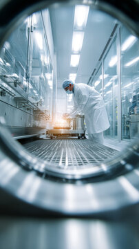 Scientist in sterile protective clothing working in a modern pharmaceutical laboratory, viewed through industrial equipment. Advanced technology and innovation drive medical research progress